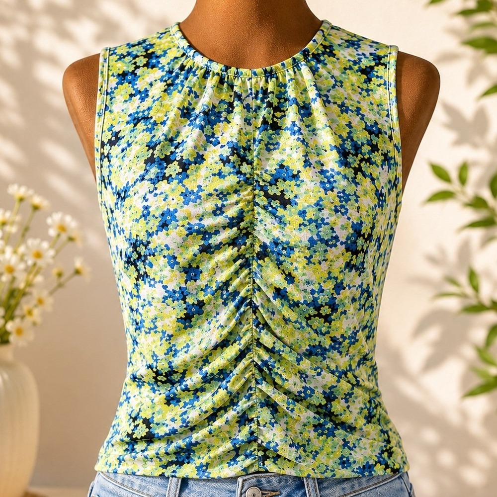 Saunders‎ Collective Floral Sleeveless Ruched Blouse Top Women Medium EUC Lined
